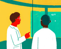 Illustration Of A Doctor In A Waiting Room Gesturing Towards Another Person With A Stethoscope Around Their Neck — Stock Illustration