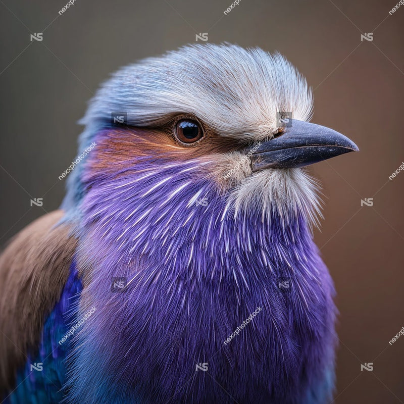 A Close Up Photograph Of A Blue Bird With A Purple Head Captured In Sharp Detail Against A Dark Background — Stock Photo