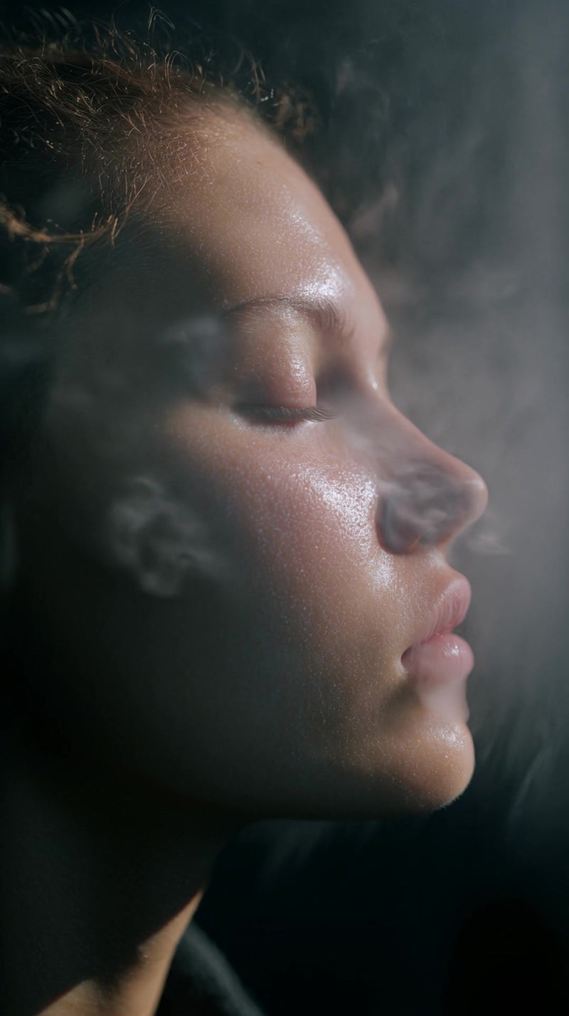 woman s face in close up with steam rising from her mouth against a dark background - Stock Video