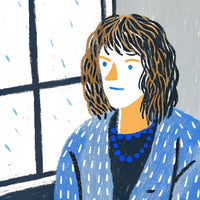 A Digital Illustration Of A Woman Sitting By A Window During Rainfall Looking Out With A Expression — Stock Illustration