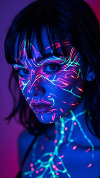 Neon Face Art With Blue Background And Purple Lighting A Woman With A Neon Design On Her Face — Stock Photo