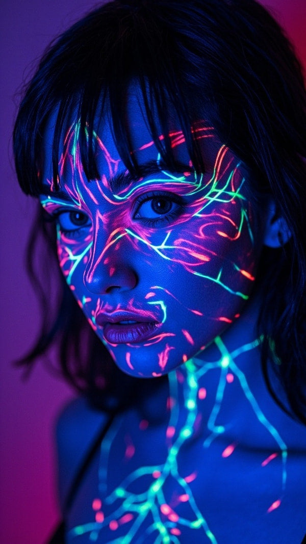 Neon Face Art With Blue Background And Purple Lighting A Woman With A Neon Design On Her Face — Stock Photo