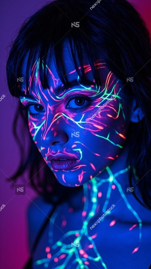 Neon Face Art With Blue Background And Purple Lighting A Woman With A Neon Design On Her Face — Stock Photo