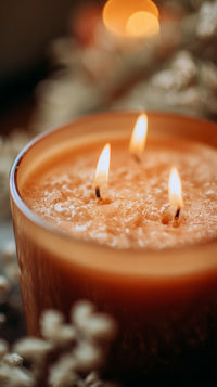 Aromatic Candle In A Jar With Three Wicks Burning Brightly Against A Festive Background — Stock Photo