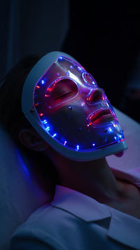 A Close Up Photograph Of A Person Wearing A Blue And Red Light Up Mask On Their Face While Lying Down — Stock Photo