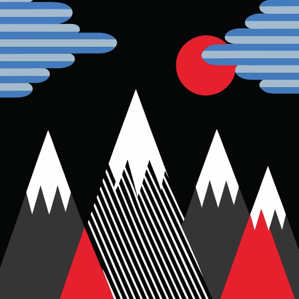 Abstract Mountain Landscape With A Dark Night Sky Red And White Mountains And A Full Moon — Stock Vector