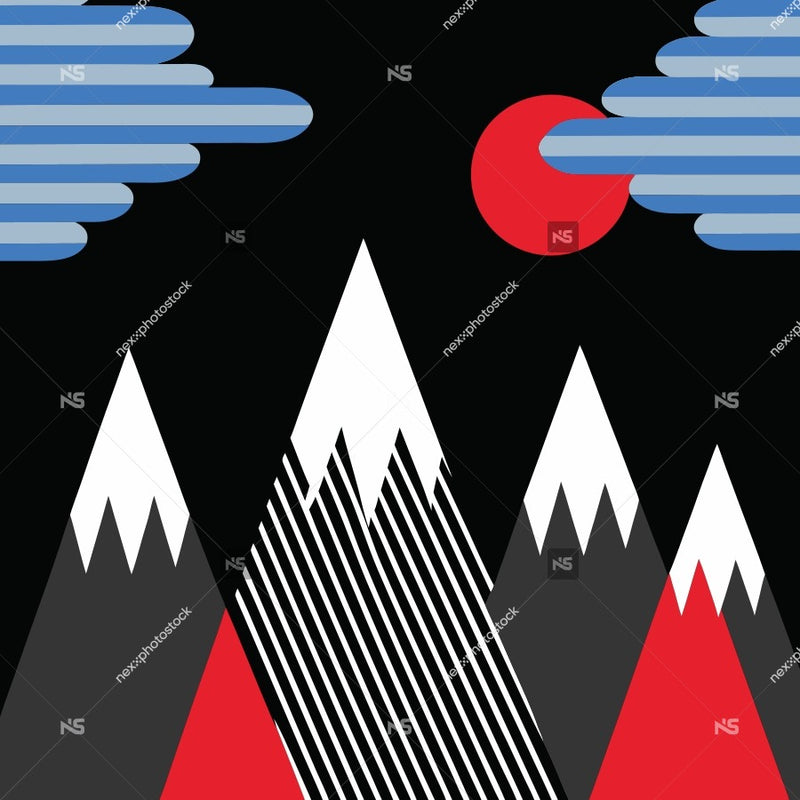 Abstract Mountain Landscape With A Dark Night Sky Red And White Mountains And A Full Moon — Stock Vector