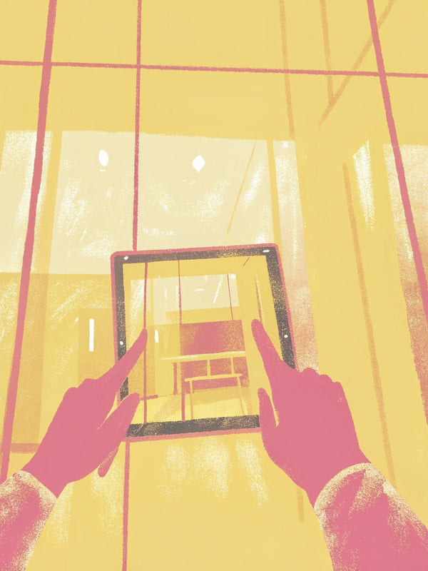 A Person Holding A Tablet Standing In Front Of A Window With Bars In An Indoor Setting — Stock Illustration