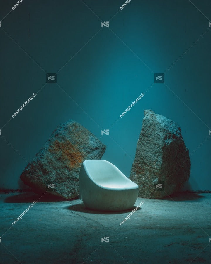 Art Installation In A Dimly Lit Room A White Chair And Large Rocks As Background Elements — Stock Photo