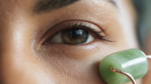 A Close Up Image Captures A Person S Eye With A Green Gemstone Placed In The Foreground — Stock Photo