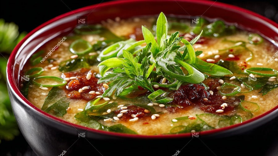 A Bowl Of Soup With Green Onions And Red Sauce Garnished With Herbs Served On A Dining Table — Stock Photo