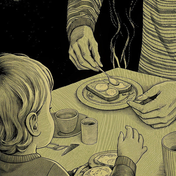 A Family Of Three Enjoying A Meal Together With An Adult Serving Food To Two Children At A Dining Table — Stock Illustration