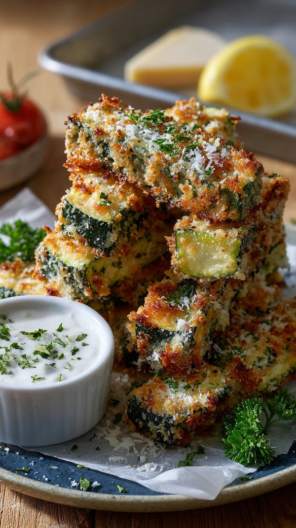 Crispy Baked Zucchini Fries Served With A Side Of Creamy Dip Garnished With Fresh Herbs And Lemon Wedges — Stock Photo