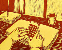 A Person S Hand Holding A Smartphone In Front Of Them With A Book And A Cup On A Table In The Background — Stock Illustration