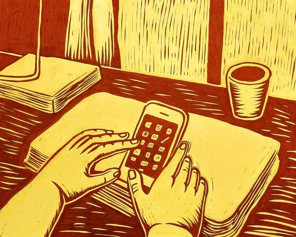 A Person S Hand Holding A Smartphone In Front Of Them With A Book And A Cup On A Table In The Background — Stock Illustration