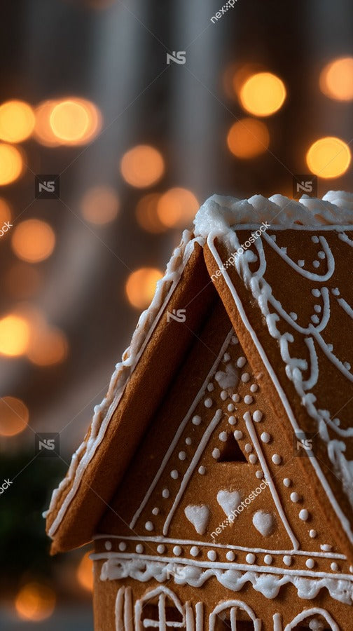 A Gingerbread House With Icing Details Decorated With Candy Canes And Lights Set Against A Festive Background — Stock Photo