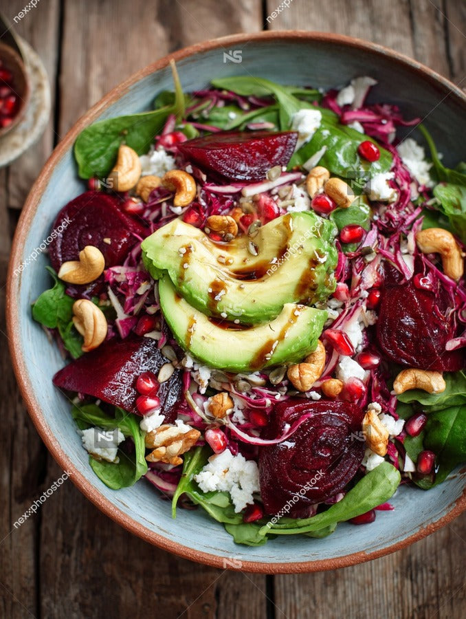 A Bowl Of Salad With Beetroot Avocado And Pomegranate Seeds On A Wooden Table — Stock Photo
