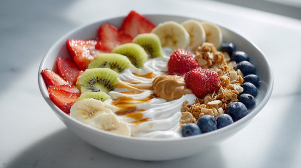 A Bowl Of Colorful Fruit Including Bananas Strawberries Blueberries And Kiwi Topped With Yogurt And Nuts — Stock Photo