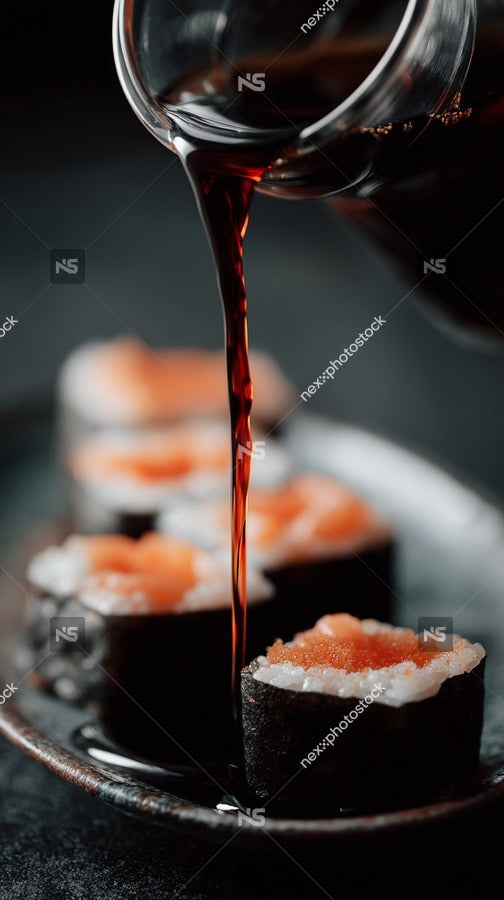Shows A Close Up View Of Sushi Rolls On A Black Tray With A Bottle Of Soy Sauce Being Poured Over Them — Stock Photo