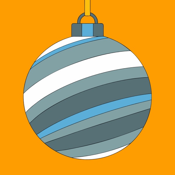 A Colorful Christmas Ball Ornament Hanging From A Hook With A Striped Pattern And A Blue Band Around Its Middle — Stock Vector