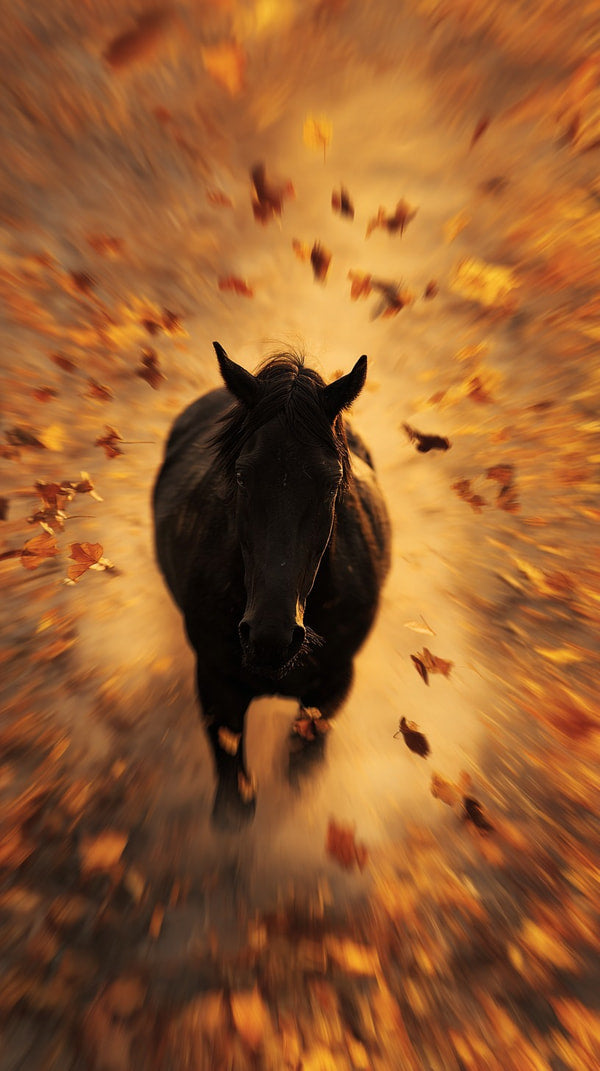 Black Horse Galloping Through Autumn Leaves — Stock Photo