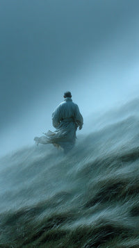 A Solitary Figure Stands Amidst A Foggy Landscape Silhouetted Against The Backdrop Of A Mountainous Horizon — Stock Photo