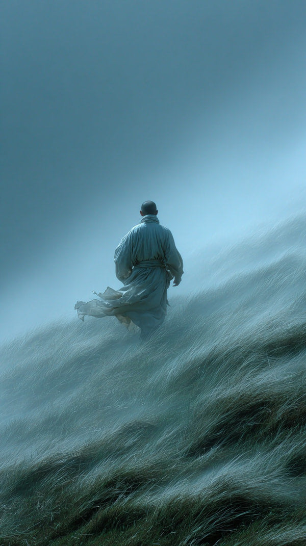 A Solitary Figure Stands Amidst A Foggy Landscape Silhouetted Against The Backdrop Of A Mountainous Horizon — Stock Photo