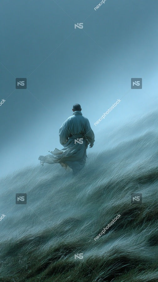 A Solitary Figure Stands Amidst A Foggy Landscape Silhouetted Against The Backdrop Of A Mountainous Horizon — Stock Photo
