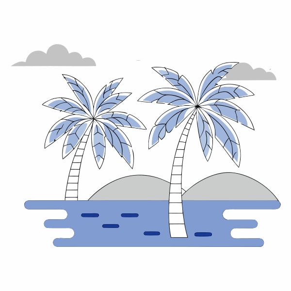 Illustration Of Two Palm Trees On A Beach With Blue Water And Sky Background — Stock Vector