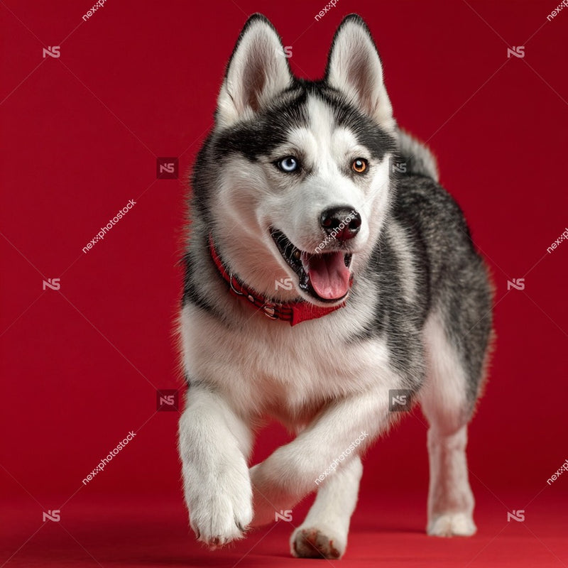 A Husky Puppy Is Captured In Mid Stride Against A Red Backdrop Its Tongue Playfully Sticking Out As It Runs Towards The Camera — Stock Photo