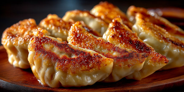 Displays A Close Up View Of Several Pieces Of Food Specifically Dumplings Potstickers Arranged On A Wooden Surface — Stock Photo