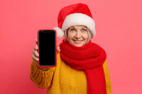 A Woman In A Red And White Striped Scarf Is Holding Up A Smartphone With A Black Case — Stock Photo