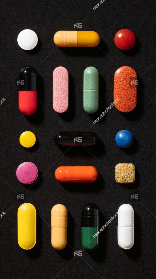 A Collection Of Various Pills Displayed In A Neat Row Against A Dark Background — Stock Photo