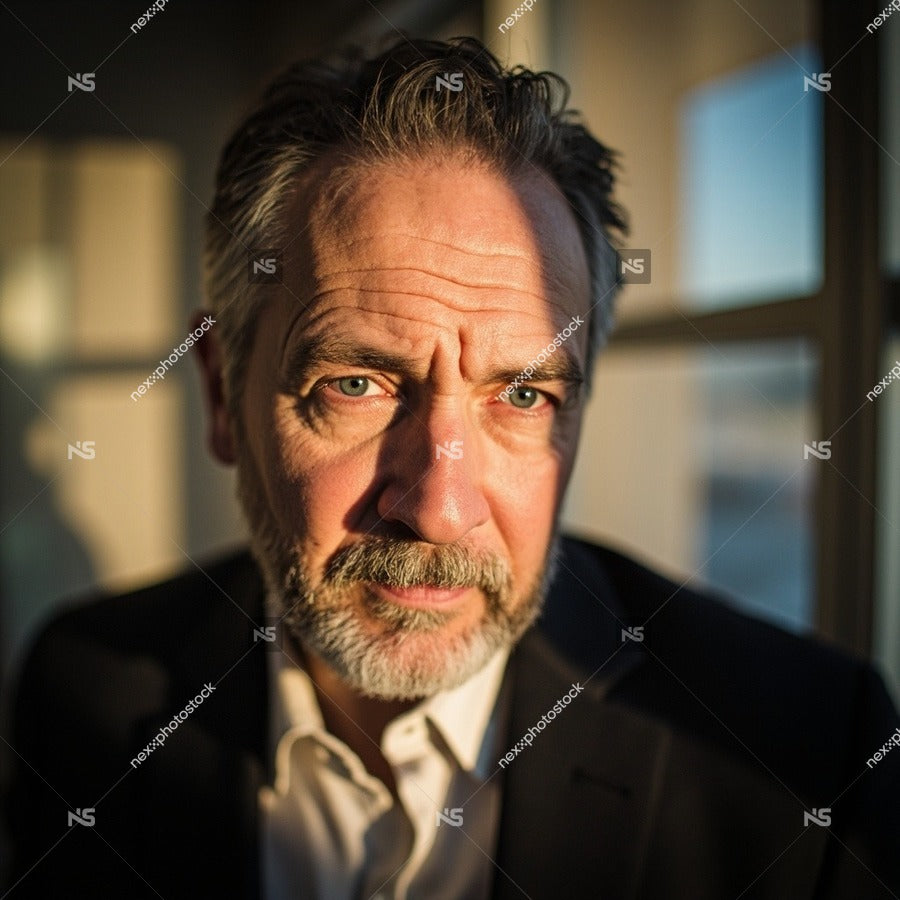 Man In Suit Looking To Side With Beard And Mustache Wearing A Dark Suit And Tie Standing Against A Window With Sunlight — Stock Photo