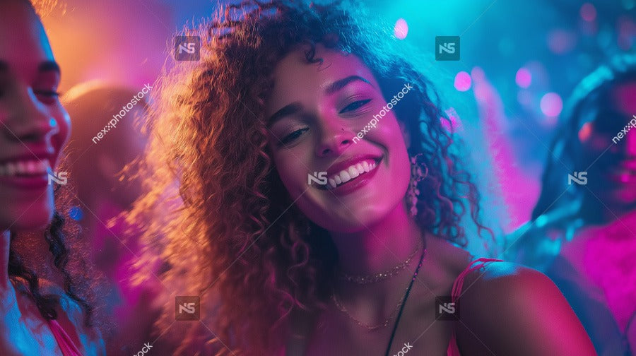 A Photograph Three Individuals In What To Be A Nighttime Setting With Colorful Lighting — Stock Photo