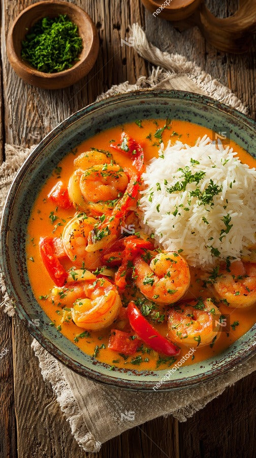 A Bowl Of Shrimp Curry With Rice Garnished With Herbs And Served On A Wooden Table — Stock Photo
