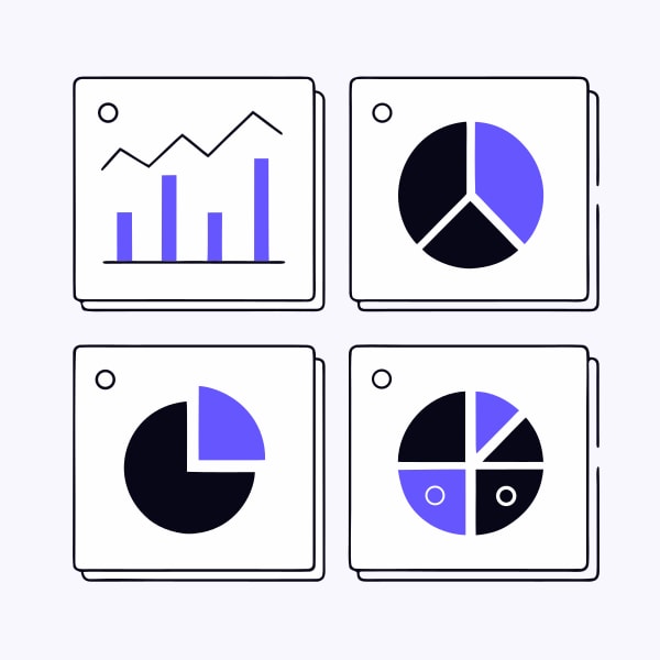 Four Icons Representing Business Analytics And Performance Metrics A Pie Chart A Bar Graph A Donut Chart And A Stacked Bar Chart — Stock Vector