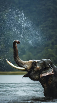 elephant standing in water spraying water from its trunk surrounded by raindrops in a natural setting - Stock Video