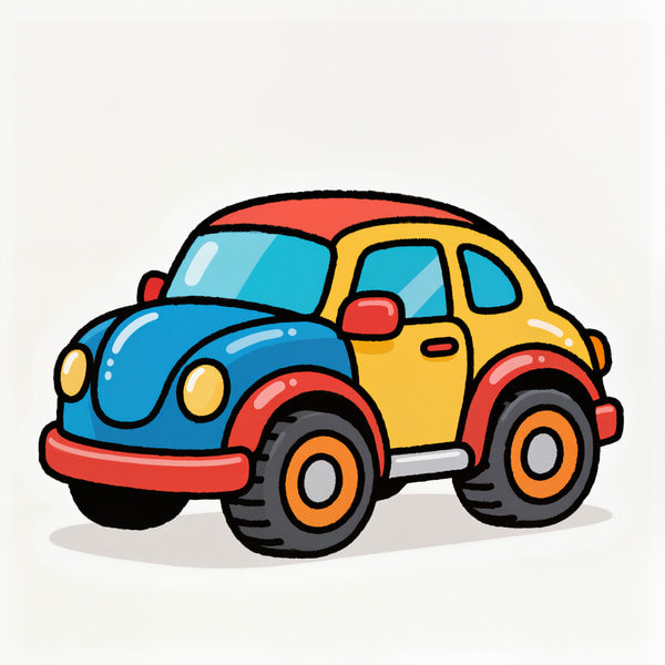 A Cartoon Depiction Of A Vibrant Volkswagen Beetle Car Illustrated In A Stylized Manner With Bright Colors And Exaggerated Features — Stock Illustration