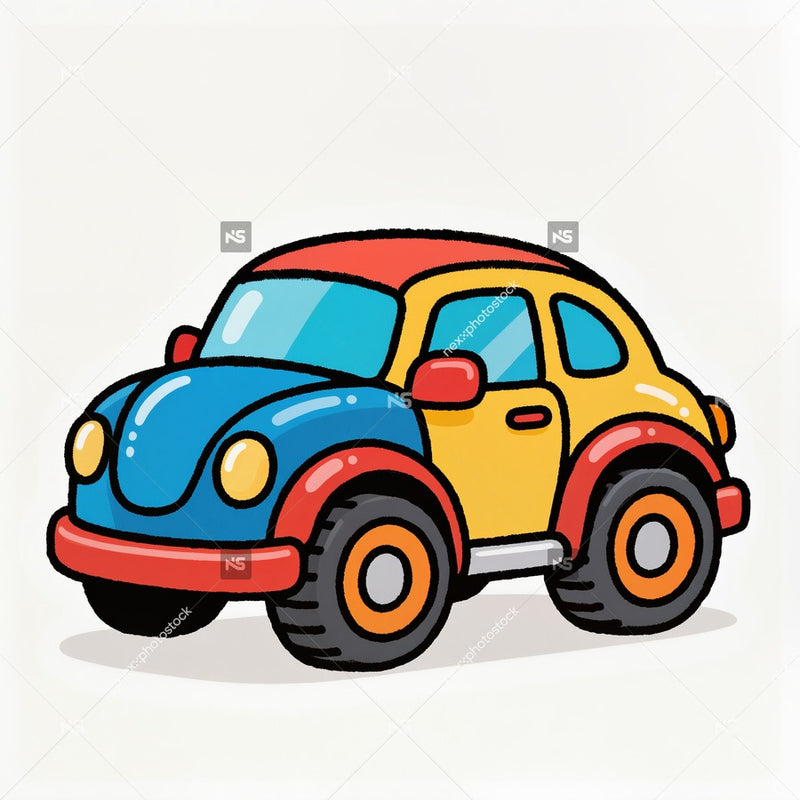 A Cartoon Depiction Of A Vibrant Volkswagen Beetle Car Illustrated In A Stylized Manner With Bright Colors And Exaggerated Features — Stock Illustration