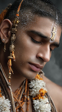A Man Wearing Traditional Indian Attire Adorned With A Headpiece And Jewelry Is Captured In A Close Up Portrait — Stock Photo