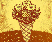 A Colorful Illustration Of A Cone Shaped Ice Cream Container Filled With Vibrant Flowers Including Daisies And Sunflowers Set Against A Contrasting Background — Stock Illustration