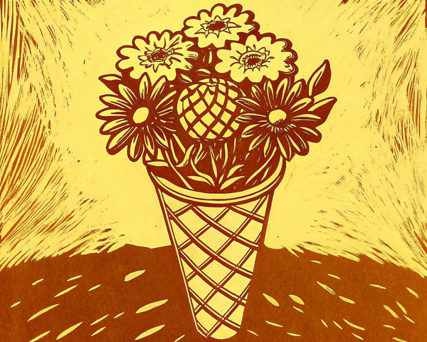 A Colorful Illustration Of A Cone Shaped Ice Cream Container Filled With Vibrant Flowers Including Daisies And Sunflowers Set Against A Contrasting Background — Stock Illustration