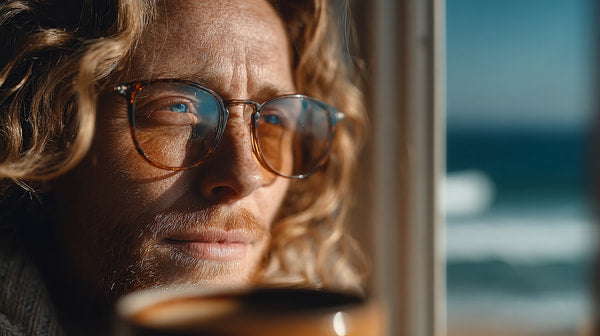 A Split Screen Photograph Two Different Views Of A Man With Long Hair And Glasses Who To Be In His Mid Adult Years — Stock Photo