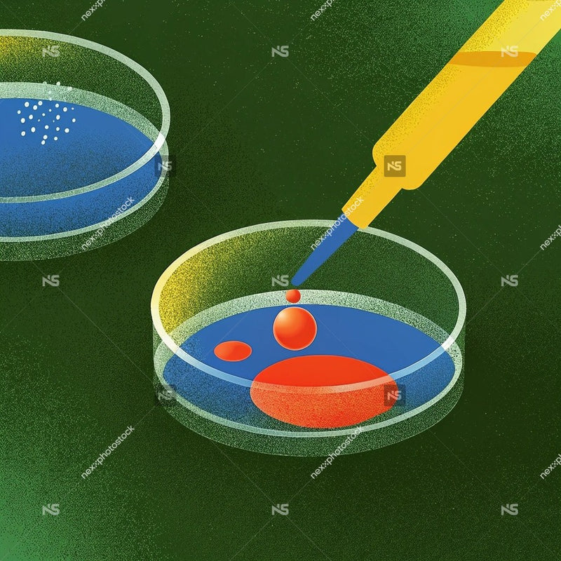 Scientific Experiment In Petri Dish With Pipette And Droplets Of Red And Blue Liquid — Stock Illustration