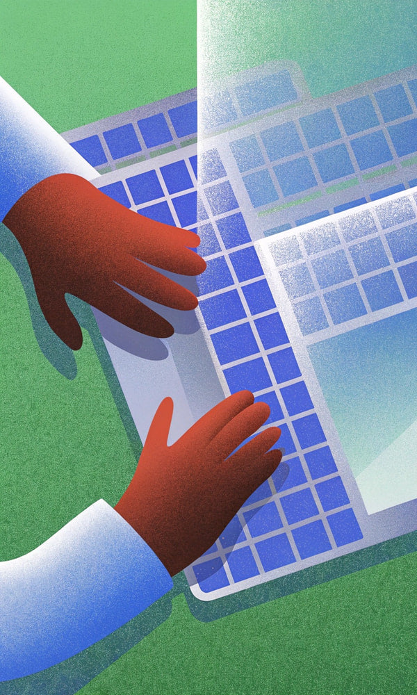 A Digital Worker In An Office Setting Using A Laptop Computer With Solar Panels On Its Surface — Stock Illustration