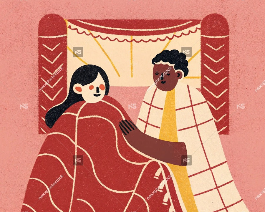 Illustration Of A Couple In Bed With Red Blanket And Curtains Sharing A Tender Moment — Stock Illustration