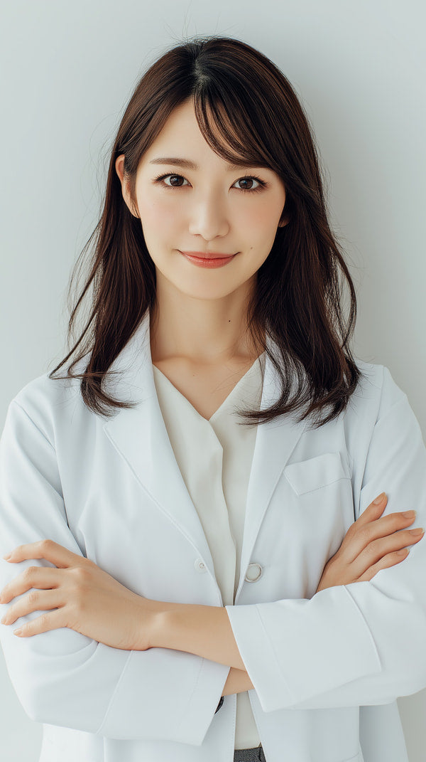 Woman Wearing A White Lab Coat Standing Against A Plain Background Poses For A Portrait — Stock Photo