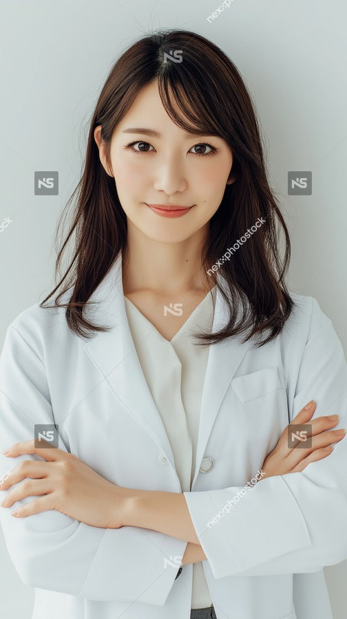 Woman Wearing A White Lab Coat Standing Against A Plain Background Poses For A Portrait — Stock Photo