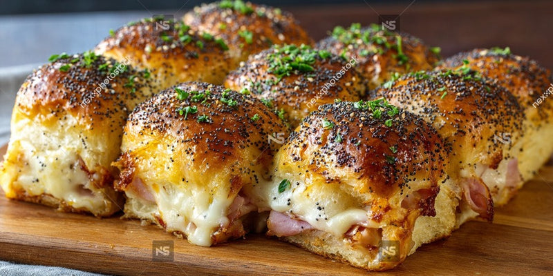 Close Up Of A Wooden Cutting Board Topped With Six Cheese And Herb Stuffed Breadsticks — Stock Photo